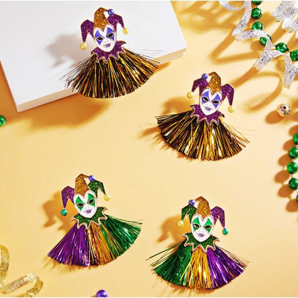 Mardi Gras Jester Tassel Fringe Earrings | Glitter | Statement - Picture 3 of 4